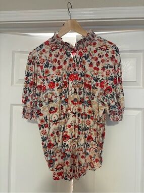 LOFT Cream Floral Smocked Neck Blouse with Red and Navy Accents